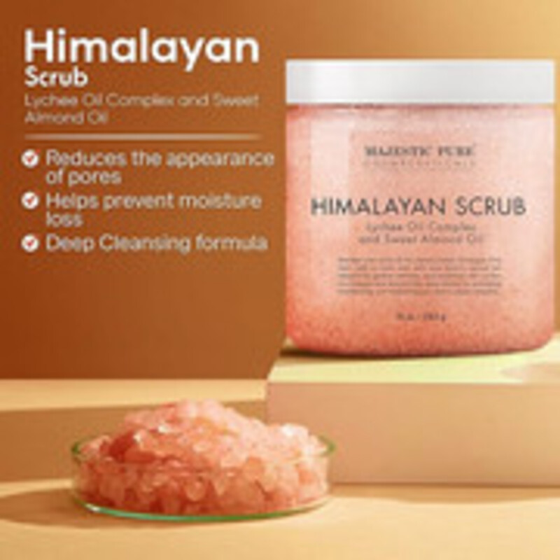 Majestic Pure Himalayan All Natural Scrub with Lychee Fruit Essential Oil,Sweet Almond oil 10 oz