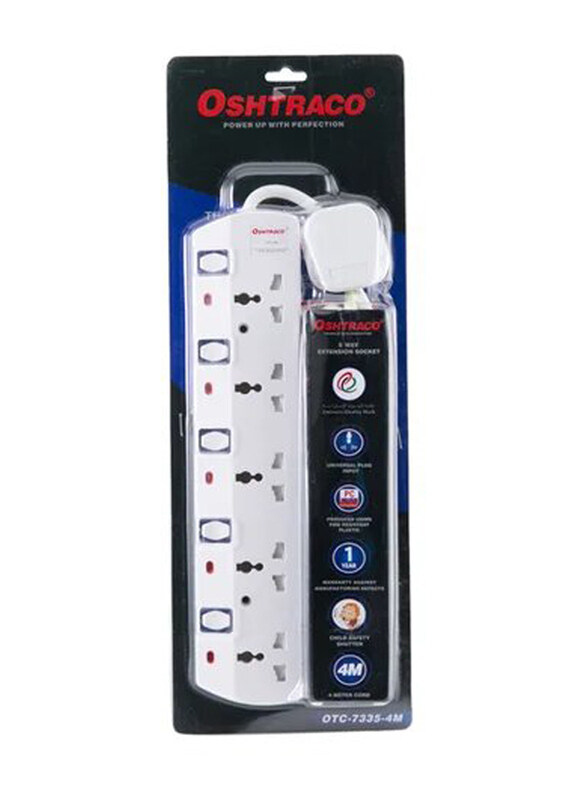 

Oshtraco 5-Socket Extension Cord Power Strip, White