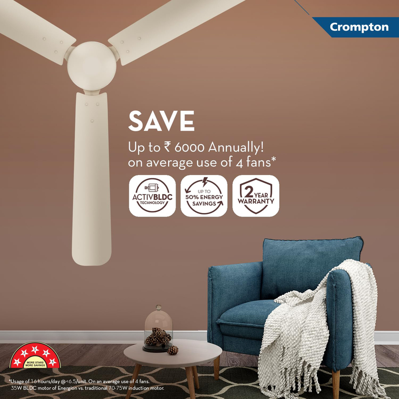 Crompton Energion Hyperjet 1200mm BLDC Ceiling Fan with Remote Control, CFENHP35W48IVYRM, Ivory