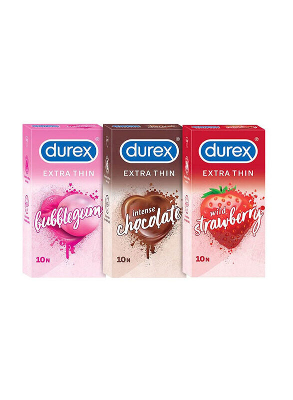 

Durex Mix Flavoured Extra Thin Condoms with Bubblegum, Chocolate & Wild Strawberry Flavour, 3 Pack