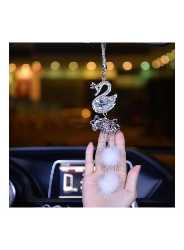 Crystal Swan Car Rear View Mirror Pendant, Silver