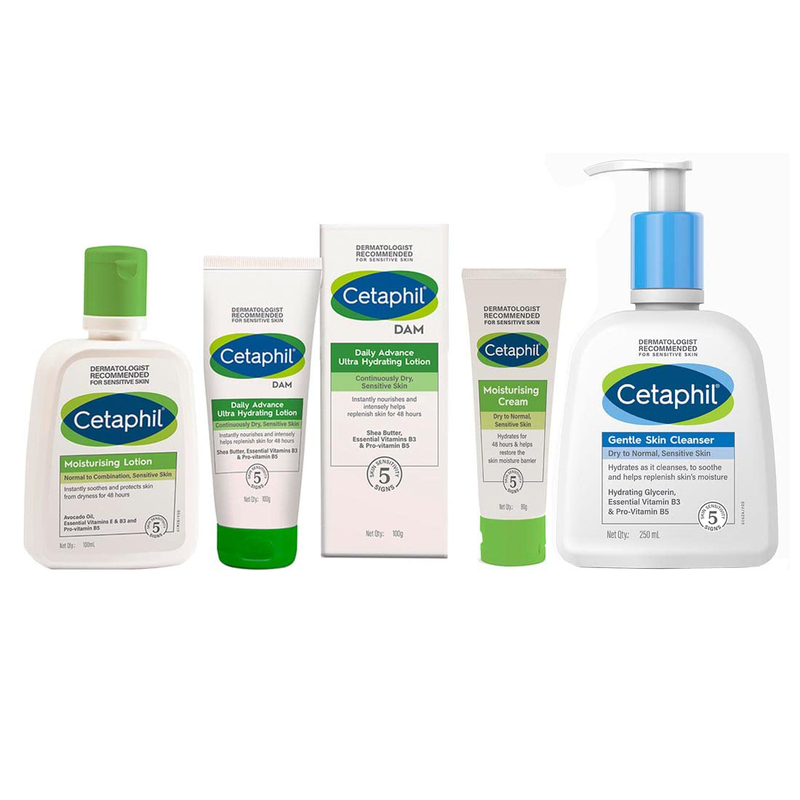 Cetaphil Moisturising Lotion, DAM, Moisturising Cream and Gentle Skin Cleanser Set, 4 Pieces