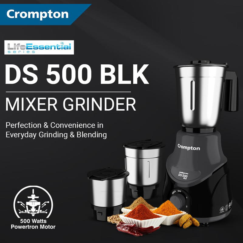 Crompton Mixer Grinder with Powertron Motor & Motor Vent-X Technology, 500W, ACGM-DS500W3J BLK, Black/Grey