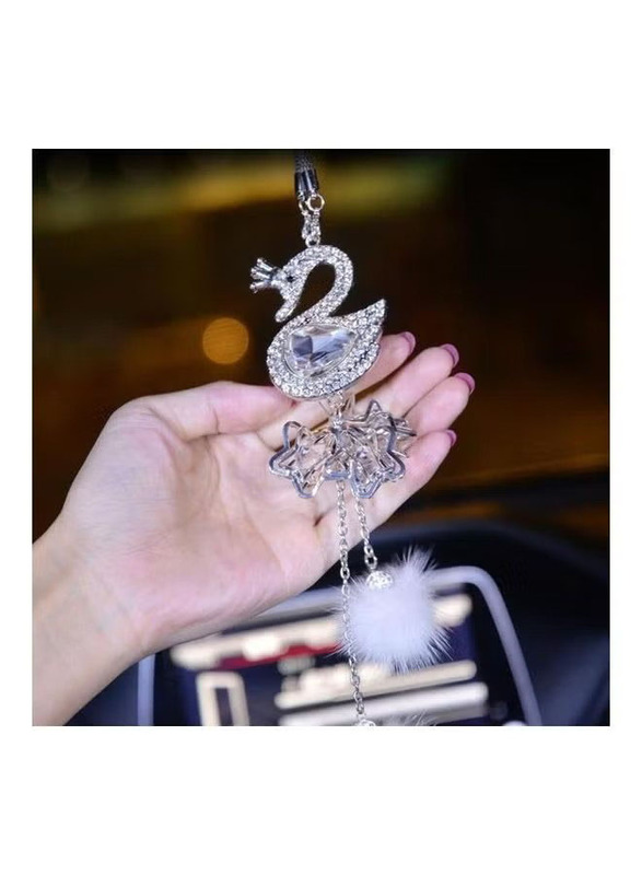 Crystal Swan Car Rear View Mirror Pendant, Silver