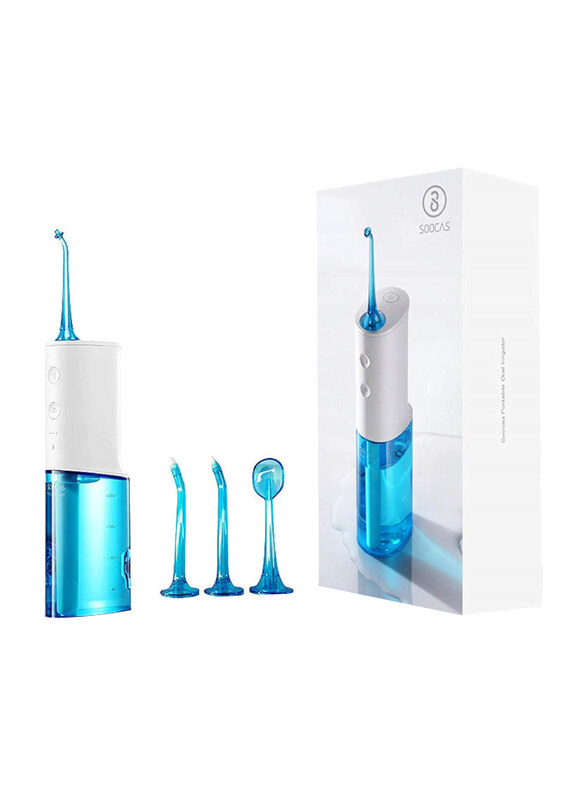 

Soocas W3 Cordless Portable Electric Water Flosser Oral Irrigator IPX7 Waterproof, 3-Modes with 4 Replacement Jet Tips, White/Blue, 1 Piece
