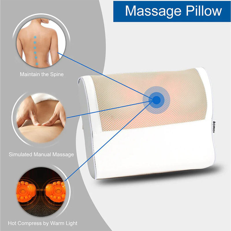 Bomidi MP1 Massage Pillow Multifunctional Back Massager with Hot Compress, 30-40 Adjustable Speed, Electric 8 Massage Heads, EVA Material PU Leather & Automatic Timer, 24W, White, 1 Piece