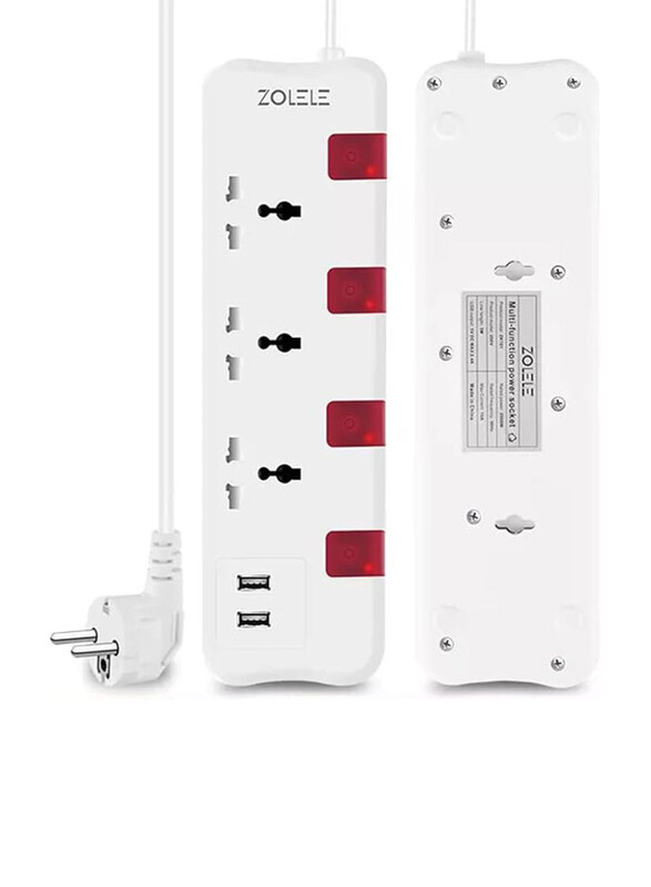 

Zolele 3-Meter Power Extension EU Plug With 5 Socket & 2 USB Charging 2400W 5V DC 2.4A, ZK101, White