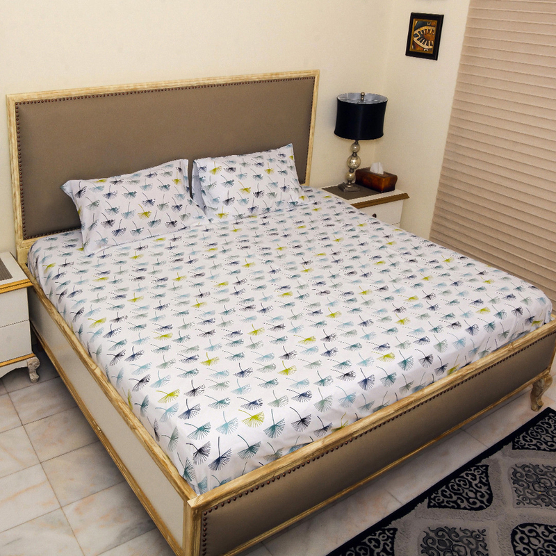 Hometex Design Plamete Printed 100% Cotton Flat Sheet Set, 1 Flat Sheet + 2 Pillow Cases, King, Multicolour