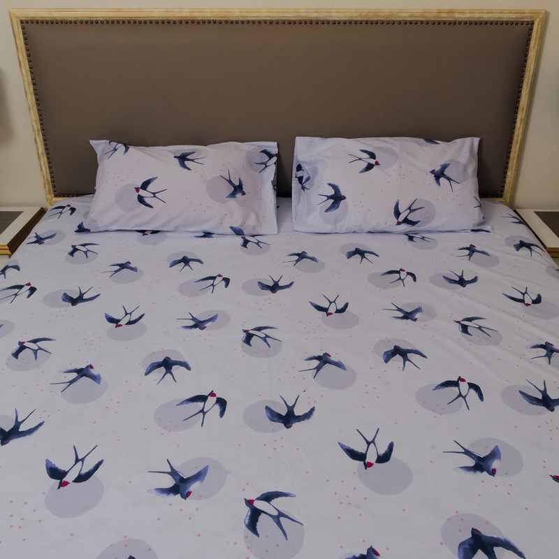 Hometex Design Hiron Printed 100% Cotton Flat Sheet Set, 1 Flat Sheet + 2 Pillow Cases, King, Multicolour