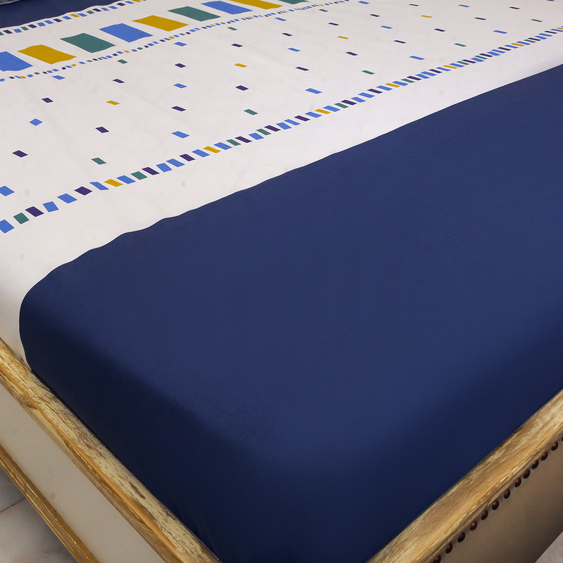 Hometex Design Encre Blue Printed 100% Cotton Flat Sheet Set, 1 Flat Sheet + 2 Pillow Cases, King, Multicolour