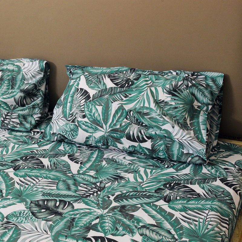 Hometex Design Banana Palm Printed 100% Cotton Flat Sheet Set, 1 Flat Sheet + 2 Pillow Cases, King, Green