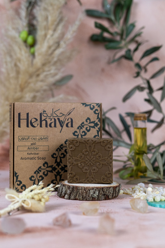 Hekaya Natural Olive Oil Soap bars with Organic Ingredients, Vegan Soap, Moisturizing, Handmade Amber Scent for Body Face & Hair Soap Bars for Women & Men Pack of 4 Bars 500 grams