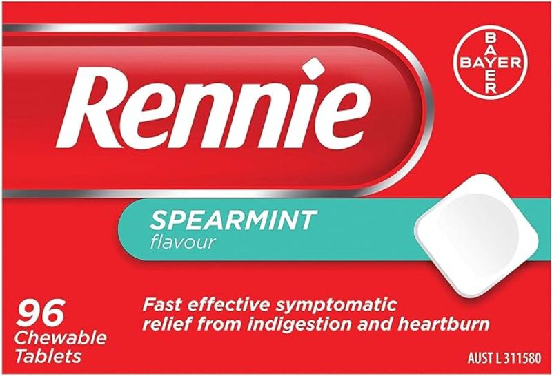 Rennie Indigestion and Heartburn Relief Spearmint 96 Chewable Tablets