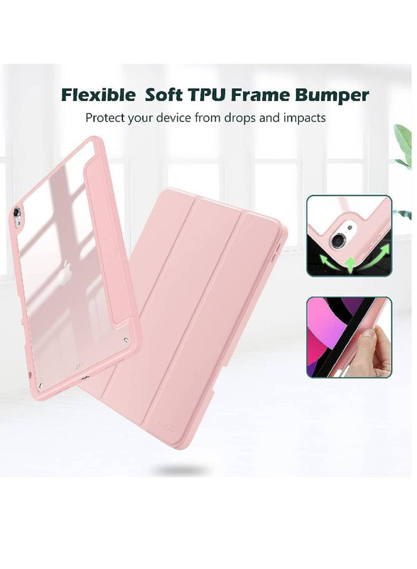 Hyx Apple iPad Air 5th Gen/iPad Air 4th Gen 10.9-inch Clear Transparent Back Shell Trifold Protective Smart Tablet Flip Case Cover with Pencil Holder, Pink