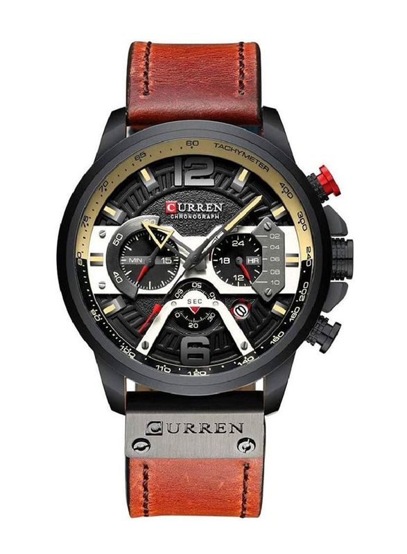 Curren Analog Watch for Men with Leather Band, Water Resistant and Chronography, N903537533A, Red-Black