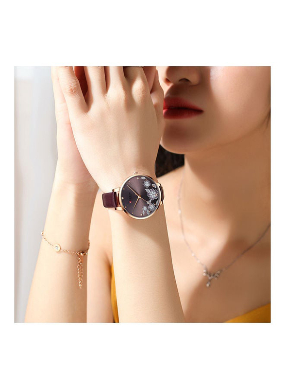 Curren Analog Watch for Women with Leather Band, J-4896BU, Burgundy