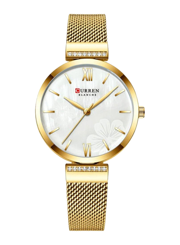 Curren Stylish Analog Watch for Girls with Metal Band, Water Resistant, 9067, Gold-White