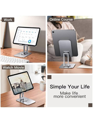 Universal Foldable Cradle Adjustable Swivel Desktop Holder Tablet Stand with 360 Degree Rotating Base, Silver