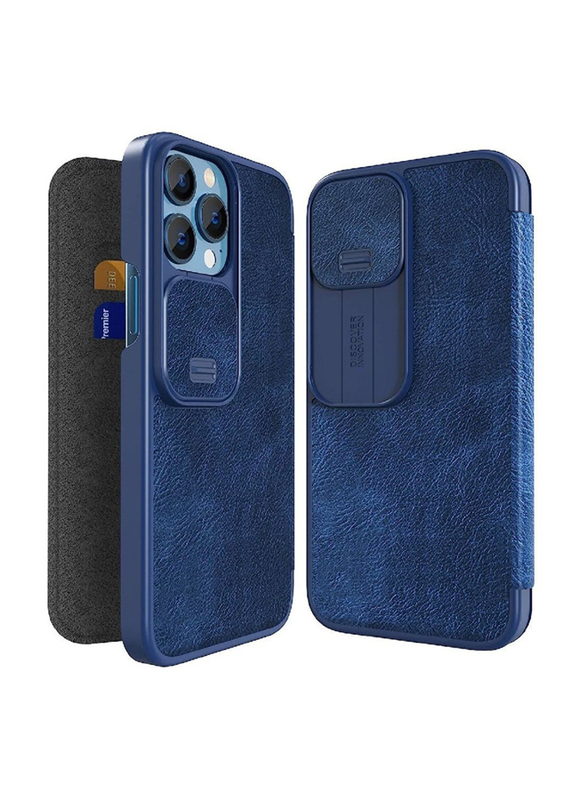 Nillkin Apple iPhone 13 Pro Max Protective Qin Leather Flip Mobile Phone Case Cover with Slide Camera, Blue