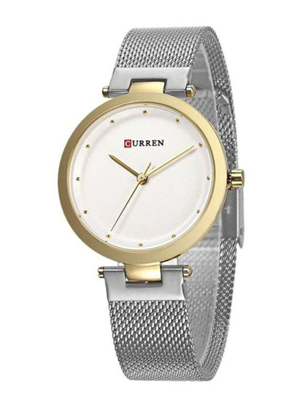 Curren Analog Watch for Women with Stainless Steel Band, Water Resistant, 9005, Silver-White