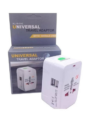 Universal Travel Adapter with Dual-USB Charging Ports, White