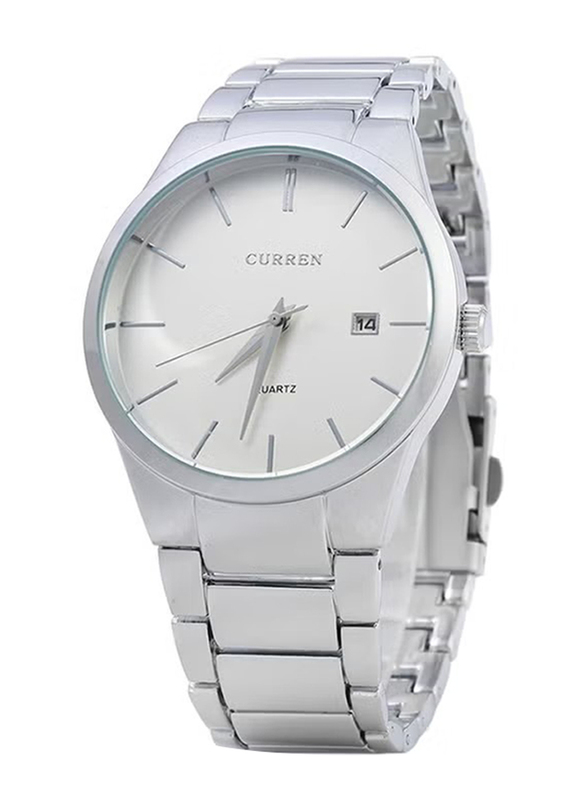 Curren Analog Watch for Men with Stainless Steel Band, Water Resistant, 8106, Silver-White