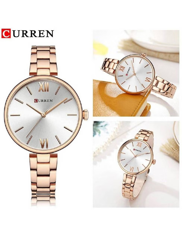 Curren New Quartz Movement Analog Wrist Watch for Women with Stainless Steel Band, Water Resistant, 9017, Rose Gold-White