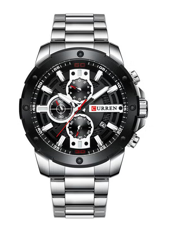 Curren Analog Watch for Men with Stainless Steel Band, Chronograph, Silver-Black