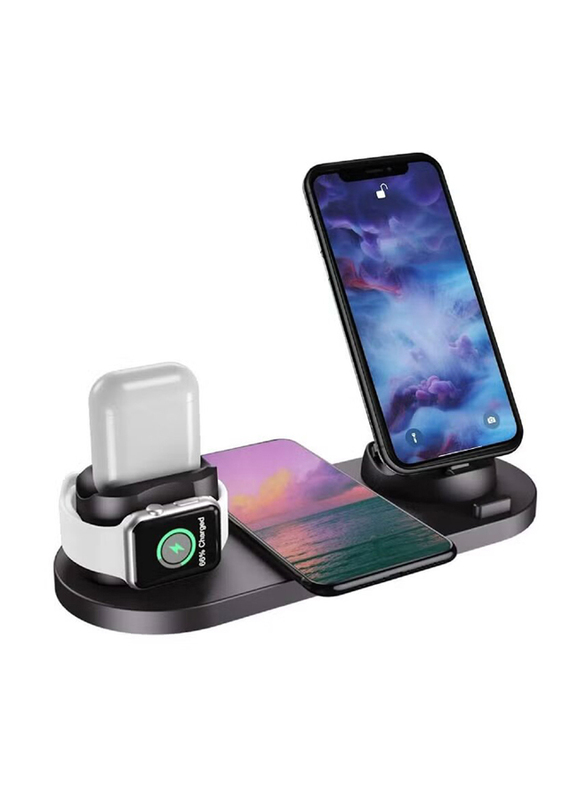 Wireless Charger 6 in 1 Wireless Fast Charging Station For Apple Watch/AirPods Pro/iPhone 12/11/11pro/11pro Max/X/XS/XR Charging Dock Station for Other Qi Phones, Black