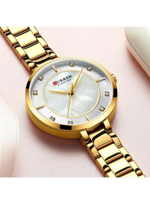 Curren Analog Watch for Women with Alloy Band, Water Resistant, 9051, Gold-White