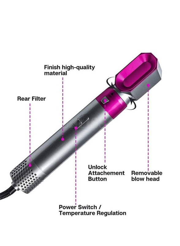 5-in-1 Hair Dryer Hot Air Brush Styler Negative Iron Hair Straightener Volumizer Hair Curler, Grey/Pink