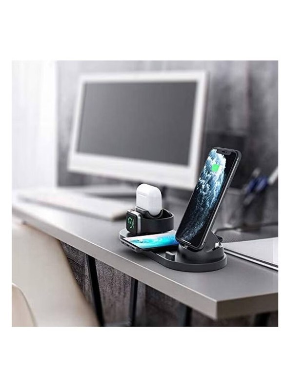 Wireless Charger 6-in-1 Wireless Fast Charging Station For Apple Watch/AirPods Pro/iPhone 12/11/11pro/11pro Max/X/XS/XR Samsung S20/S10 Charging Dock Station For Other Qi Phones, Black