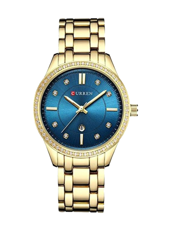 Curren Analog Watch for Women with Stainless Steel Band, Water Resistant, 9010, Gold-Blue