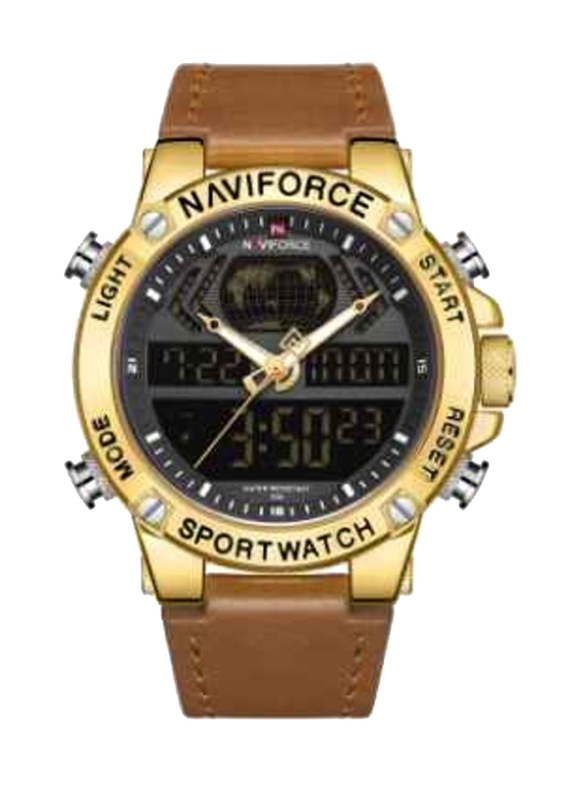 Naviforce Analog + Digital Watch for Men with PU Leather Band, Water Resistant, NF9164, Brown-Black