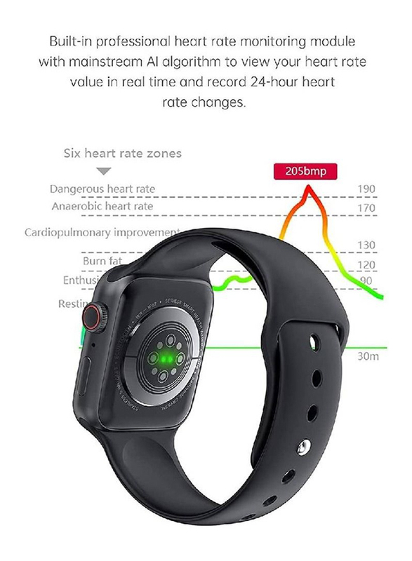 HD Touch Screen 1.75-Inch 44mm Smartwatch, BT Call, Heart Rate Sensor, Waterproof, Black