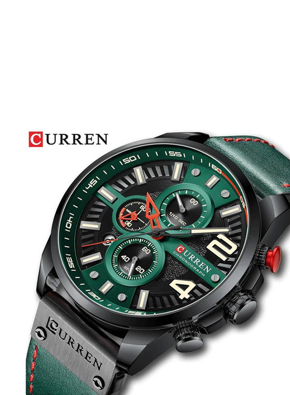 Curren Analog Watch for Men with Leather Band, Water Resistant and Chronograph, 8393, Green-Black/Green