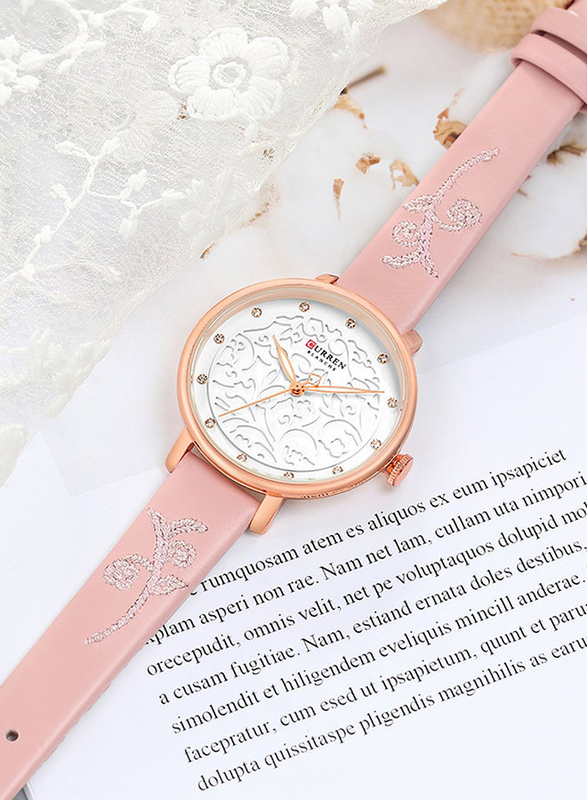 Curren Analog Wrist Watch for Women with PU Leather Band, 4341, Pink-White