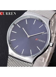 Curren Analog Wrist Watch for Men with Stainless Steel Band, Water Resistant, 8256, Silver-Blue