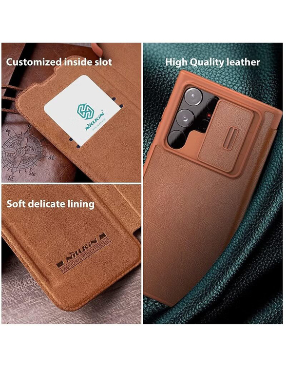 Nillkin Samsung Galaxy S22 Ultra Qin Leather Mobile Phone Case Cover with Slide Camera Protection, Brown