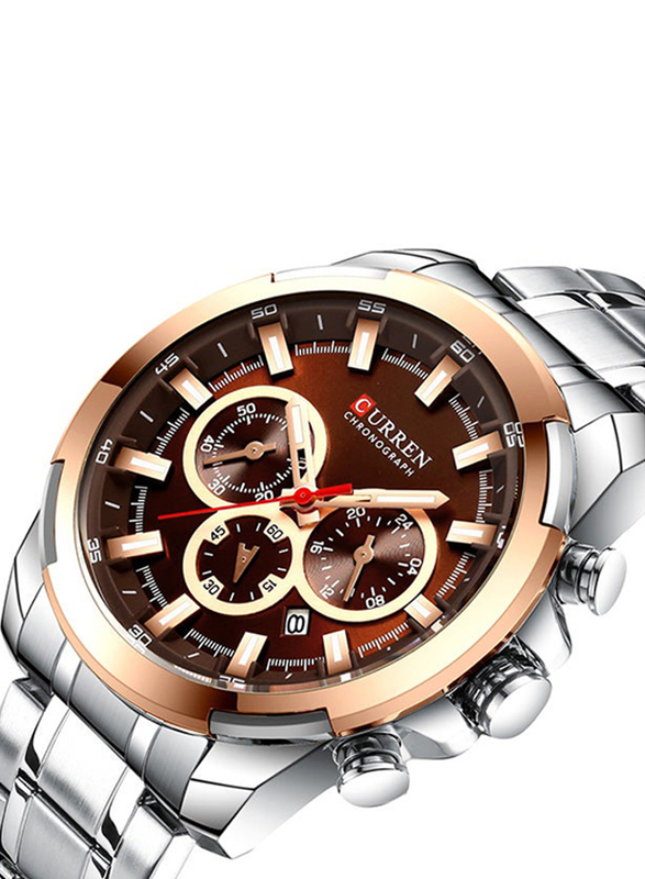 Curren Analog Watch for Men with Stainless Steel Band, Chronograph, J4195S-K-KM, Silver-Brown