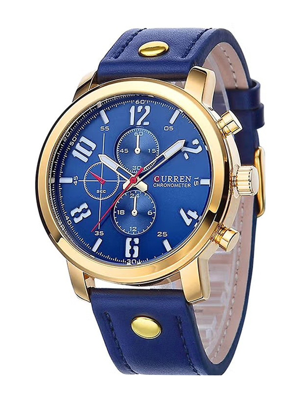 Curren Analog Watch for Men with Leather Band, Water Resistant and Chronograph, 8192, Blue