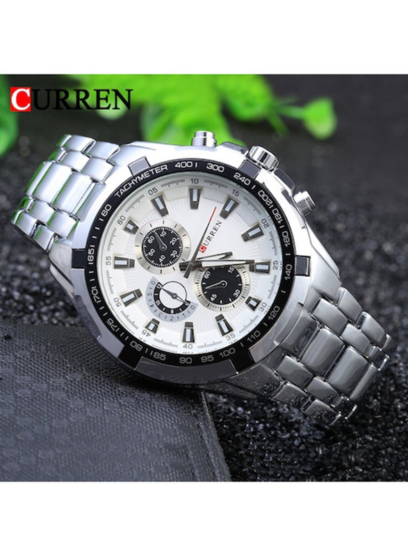 Curren Analog Watch for Men with Stainless Steel Band, Water Resistant & Chronograph, 8023, Silver