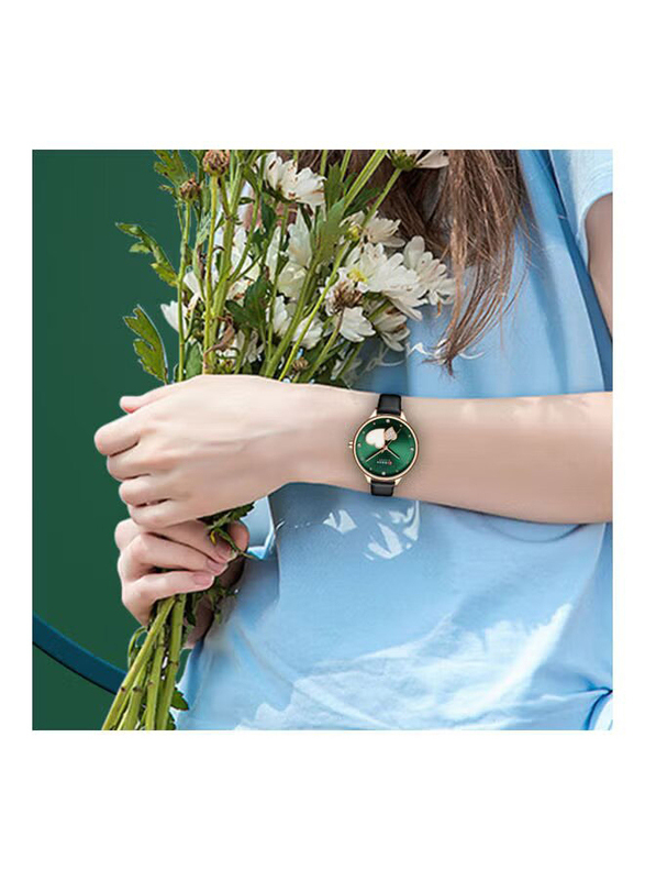 Curren Analog Watch for Women with Leather Band, J-4781GR, Black-Green