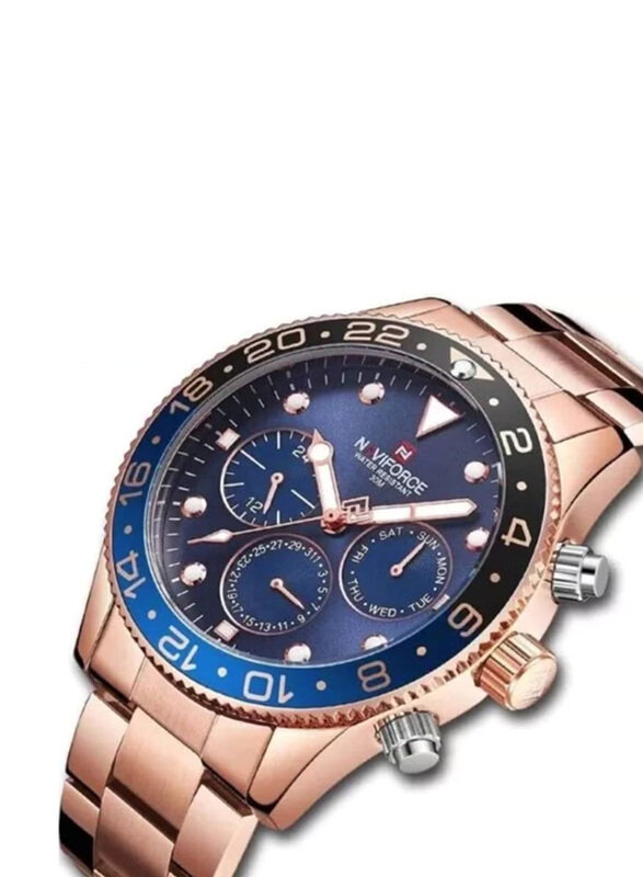 

Naviforce Analog Wrist Watch for Men with Stainless Steel Band, Water Resistant, NF9147, Rose Gold-Blue