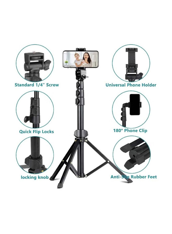 Extendable Selfie Stick Tripod Stand with Bluetooth Remote for Smartphone and Small Camera, Black