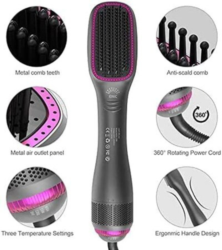 3-In-1 Hair Dryer Styler Straightening Negative Ion Ceramic Blow Dryer Brush, Grey/Pink