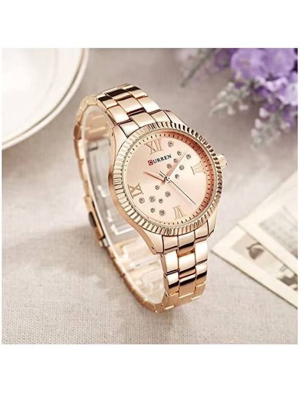 Curren New Fashion Quartz Movement Analog Watch for Women with Metal Band, Water Resistant, 9009, Rose Gold-Rose Gold