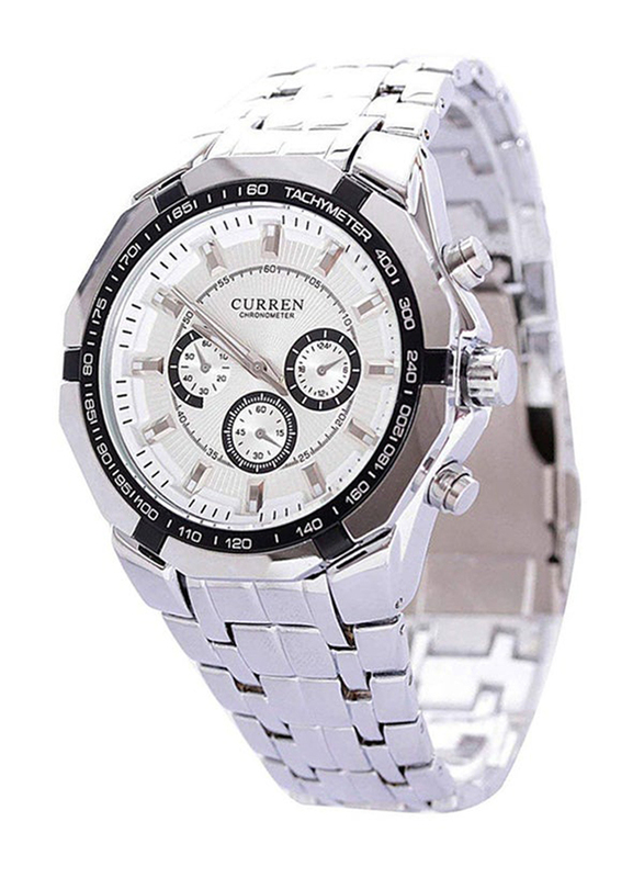 Curren Analog Watch for Men with Stainless Steel Band, Water Resistant and Chronograph, WT-CU-8084-BR#D14, Silver-White