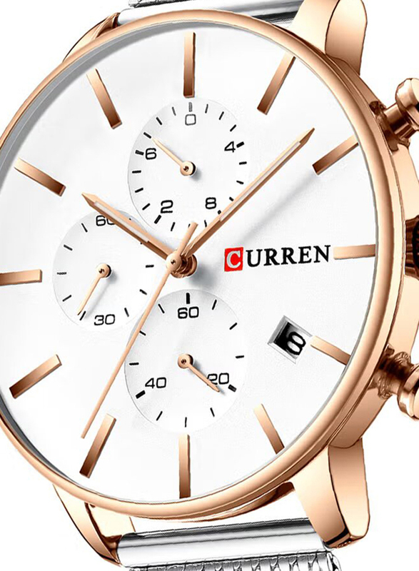 Curren Casual Quartz Analog Watch for Men with Stainless Steel Band, Water Resistant and Chronograph, 8339, Silver-White