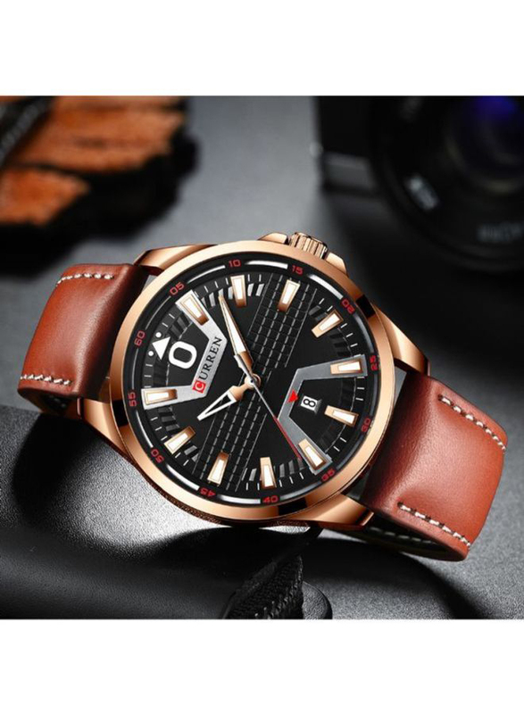 Curren Analog Watch for Men with Leather Band, Water Resistant, J4364RG-KM, Black-Brown